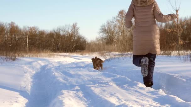 Los niños juegan y corren con el perro en las nevadas blancas. Moción lenta . — Vídeos de Stock