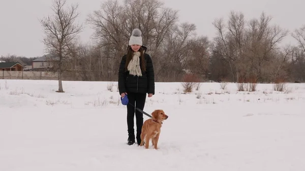 Bella donna ragazza che gioca con un cane a piedi attraverso la foresta, in inverno, tutto in neve bianca e alberi . — Foto Stock