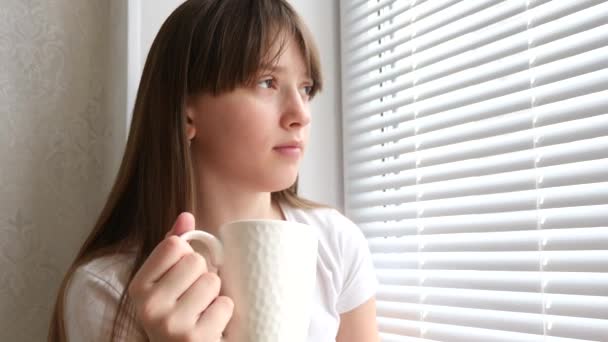 Mooi meisje met kop hete thee zitten op de vensterbank op venster en glimlachen. — Stockvideo