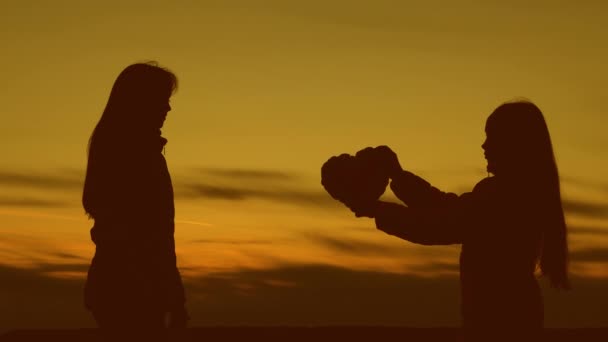 Tieners zusters houden een hart in de zonsondergang huilen van zon. — Stockvideo