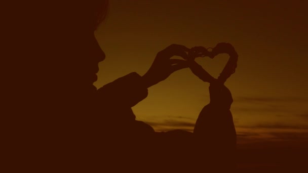 Lonely silhouette of a girl holding a heart on a beautiful sunset and the bright sun. — Stock Video