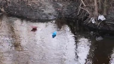 Mesafe içine acele nehir akarsu boyunca küçük renkli kağıt tekneler yüzmek.