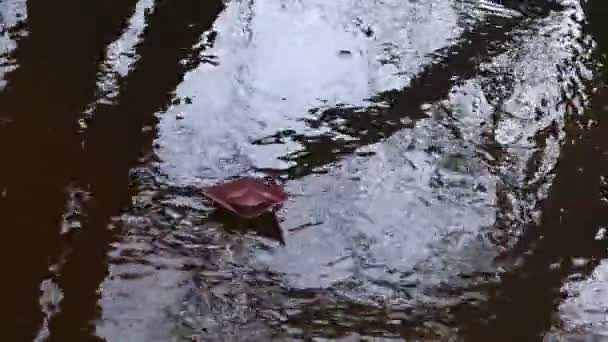 Barco marrom de papel colorido flutua rio abaixo . — Vídeo de Stock