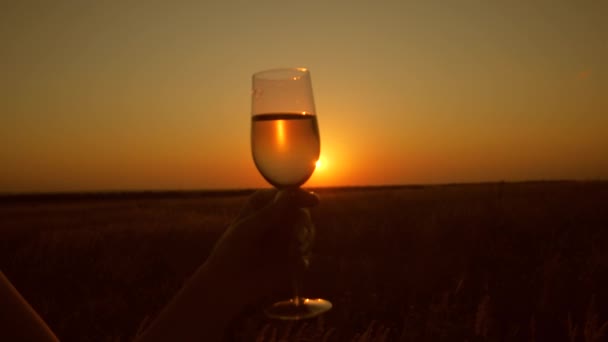 Glas mousserande vin i handen av flicka mot en vacker solnedgång — Stockvideo