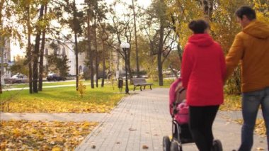 Anne ile bebek arabası ile Park yolda yürüyor.