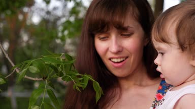 Anne ve çocuk yeşil yaprakları ağaçların sıcak yeşil park içinde arıyoruz.