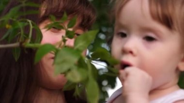 Küçük bebek annesinin kollarında oturma ağaç dalı yapraklarda kapalı gözyaşları ve onları parkta tadı.