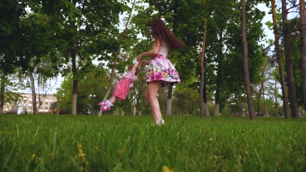 Mama kreist mit einer fröhlich lachenden Tochter in der Luft. Eltern spielen mit Baby auf grünem Gras im Sommerpark. Mutterglück. — Stockvideo