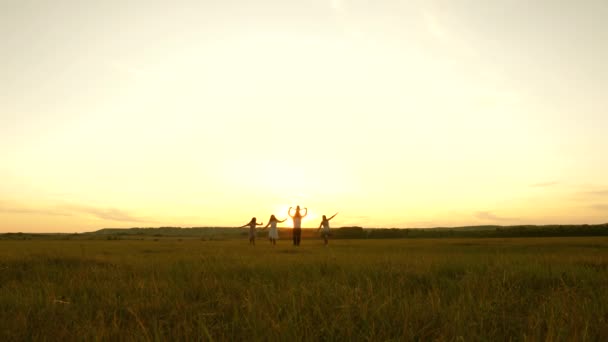 Eine glückliche junge Familie mit einem Kind läuft im Sonnenuntergang über das Feld. Mutter, Vater und kleine Tochter mit Schwestern spazieren im Park. Kinder, Papa und Mama spielen auf der Wiese bei Sonnenschein. — Stockvideo