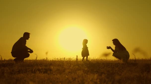 両親は小さな子供を歩くように教えられ、小さな女の子は、太陽の下で彼女の最初のステップを作る、スローモーション。両親は小さな娘と遊ぶ。幸せな赤ちゃんはお父さんからお母さんに行く. — ストック動画
