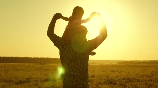 Szczęśliwy tata buja małe dziecko płacząc o zachodzie słońca i śmiejąc się. Ojciec ze swoją ukochaną córką. Dziecko i rodzic bawią się w przyrodzie. Koncepcja rodziny. Zwolniony ruch — Wideo stockowe