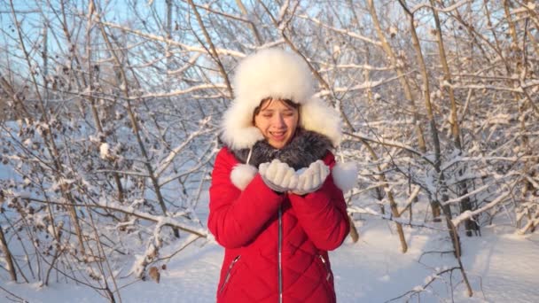 Young girl blows snowflakes from her hands, in winter forest. child plays in winter in the park for Christmas vacation. Happy girl blowing snowflakes at sunset and smiling in winter park. Slow motion — Stock Video