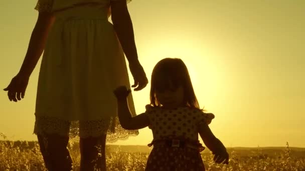 Mała córeczka i mama chodzą po boisku trzymając się za ręce. Dziecko trzyma mamę za rękę. Szczęśliwa rodzina wychodzi wieczorem z miasta. Matka i dziecko odpoczywają w parku. dziecko bawi się z matką w — Wideo stockowe
