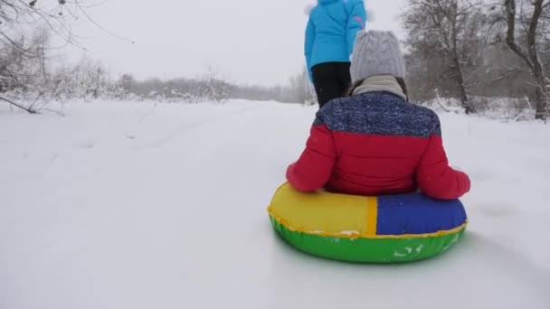 Niño y madre en trineo en la nieve. Hija y mamá juegan en el parque de invierno en las vacaciones de Navidad. vacaciones de invierno familiares. concepto de infancia feliz — Vídeos de Stock