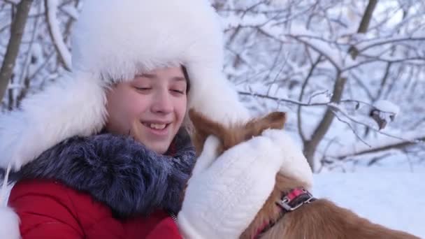 Dítě si hraje se svým mazlíčkem o vánočních prázdninách v lese. Krásná dívka se usmívá, hladí svého milovaného psa v zimě v parku. dívka s loveckým psem procházky v zimě v lese. pes polibky hosteska. — Stock video