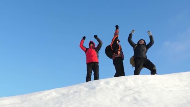 Os viajantes chegam ao topo de uma colina nevada e desfrutam da vitória contra o céu azul. trabalho em equipa e vitória. trabalho em equipe de pessoas em condições difíceis. turistas viajam na neve no inverno . — Vídeo de Stock