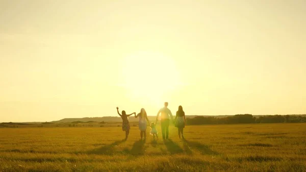 Mother, father and little daughter with sisters walking in field in the sun. Happy young family. Children, dad and mom play in meadow in the sunshine. concept of a happy family. — Stock Photo, Image
