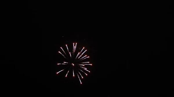 Oudejaarsavond vuurwerk vieren. Schijnend vuurwerk met bokeh lichten aan de nachtelijke hemel. gloeiende vuurwerk show. veelkleurig vuurwerk in de nachtelijke hemel. mooie gekleurde nacht explosies in zwarte lucht — Stockfoto