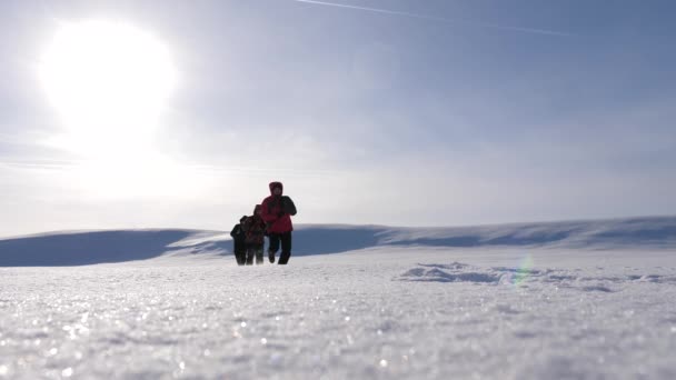 Karlı çölde üç dağcı turist birbirini takip ediyor. Takım çalışması ve zafer. İş adamlarından oluşan bir ekip zafere ve başarıya gidiyor. iş adamlarının takım çalışması. — Stok video