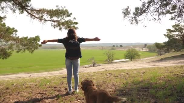 Mulher viajante com uma mochila em seus ombros e um cão abre os braços para o lado, desfrutando de liberdade. O criador de cães caminha com seu cão amado. menina está meditando ao ar livre . — Vídeo de Stock