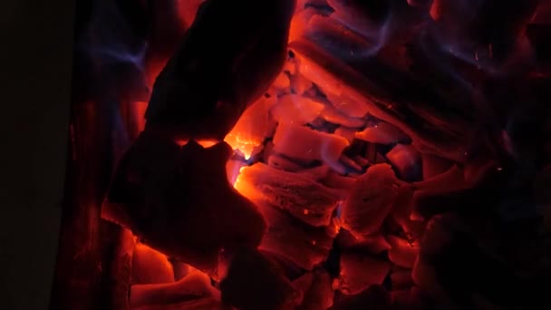 輝く明るいレッド燃えるような石炭はあかあかと燃えるし、輝き。たき火の熱薪は赤青い火が燃えています。クローズ アップ — ストック動画