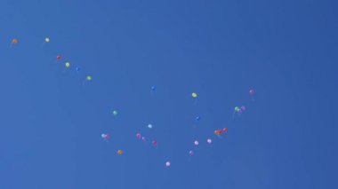 Gökyüzünde kırmızı mavi turuncu pembe renkli balonlar uçuyor. Havada uçuşan bir sürü renkli balon. Kutlama ve doğum günü konsepti. Güzel bir tatil konsepti.