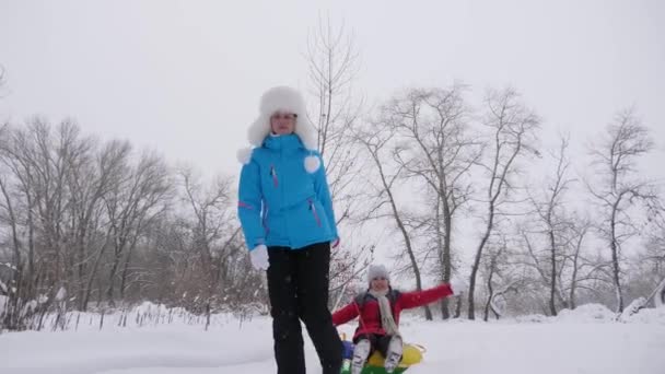 子供と母は雪の中で眠っていましたクリスマス休暇には冬の公園で娘とお母さんが遊ぶ。家族の冬休み幸せな子供時代のコンセプト — ストック動画