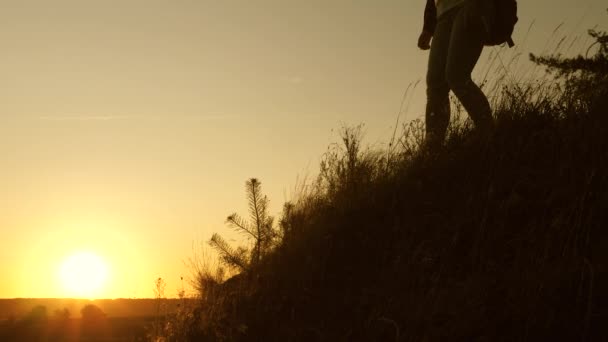 Os turistas escalam a montanha ao pôr do sol, de mãos dadas. Mulher viajante estende uma mão para um homem para um viajante subindo ao topo de uma colina. trabalho de equipa de pessoas de negócios. Família feliz em férias . — Vídeo de Stock