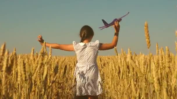 幸せな女の子は日没の光の中でフィールド上のおもちゃの飛行機で実行されます。子供はおもちゃの飛行機で遊ぶ。10代の頃はパイロットになることを夢見ていました。少女はパイロットと宇宙飛行士になりたがっている。スローモーション — ストック動画