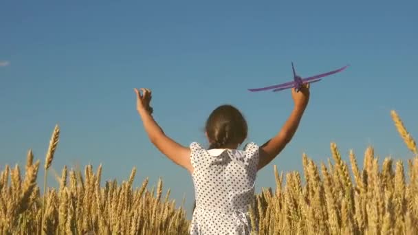 Счастливая девушка бежит с игрушечным самолетом на поле при закате солнца. Дети играют в игрушечный самолет. подросток мечтает летать и стать пилотом. Девушка хочет стать пилотом и астронавтом. Медленное движение — стоковое видео