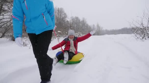 Concepto de infancia feliz. vacaciones de invierno familiares. niño y madre en trineo en la nieve. Hija y mamá juegan en el parque de invierno en las vacaciones de Navidad . — Vídeo de stock