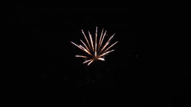 Gece gökyüzünde çok renkli güzel havai fişekler. Ağır çekim. Parlak havai fişek gösterisi. Siyah gökyüzünde renkli gece patlamaları. Yeni yıl arifesi havai fişek kutlaması. Bokeh ile parlayan havai fişekler.