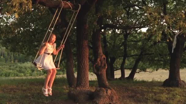 Criança balançando em um balanço no parque ao sol. jovem balançando na corda balançar em um galho de carvalho. menina adolescente gosta de voo no balanço na noite de verão na floresta. conceito de família feliz e infância . — Vídeo de Stock