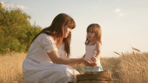 El grano del trigo en las manos del niño. madre e hijo pequeño están jugando con el grano en la bolsa en un campo de trigo. bebé niña feliz madre agricultor juega con su hijo pequeño, hija en el campo. Concepto agrícola . — Vídeo de stock