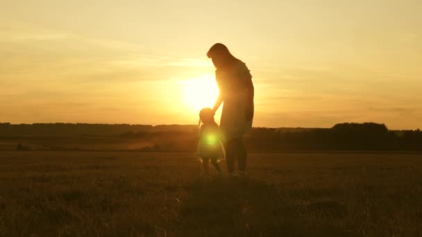 幸福童年的概念。 小孩妈妈在阳光下在草地上玩耍。 母亲和小女儿在阳光下的田野里散步。 快乐的年轻家庭。 幸福家庭的概念. — 图库视频影像