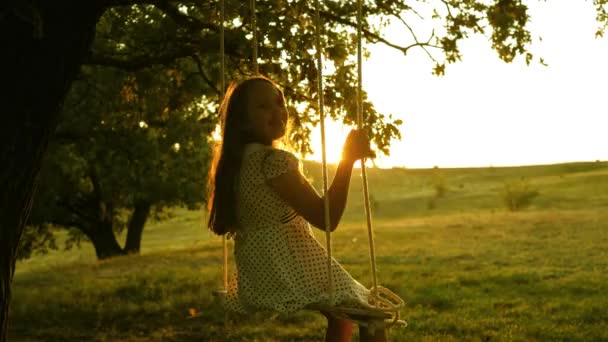 Concepto de infancia feliz. niño vuela un columpio de cuerda en una rama de roble en un parque al atardecer. chica ríe, se regocija. jovencita balanceándose en un columpio bajo un árbol bajo el sol. jugar con niños. concepto de feliz — Vídeo de stock