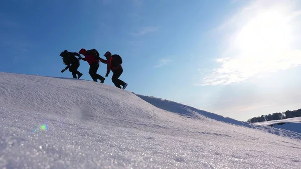 Escaladores tomados de la mano ayudándose mutuamente a subir una colina nevada. trabajo en equipo bien coordinado en el turismo de invierno. equipo de viajeros en invierno ir a su objetivo de superar las dificultades . —  Fotos de Stock