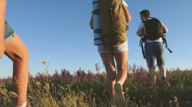Turistlerin takım çalışması. Gezginler sırt çantalarıyla çayıra giderler. Kırsalda çocuklu bir turist ailesi. Gezginler güzel manzaraya ve doğaya hayran kalırlar. Zafere giden yol.