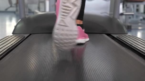 Flickans ben i gympaskor går längs löpbandet. närbild. Stärka musklerna i benen när du går. Hjärtbelastning. Träningsklubbskvinna tar promenader. Sport livsstil koncept. viktminskning i gymmet. — Stockvideo