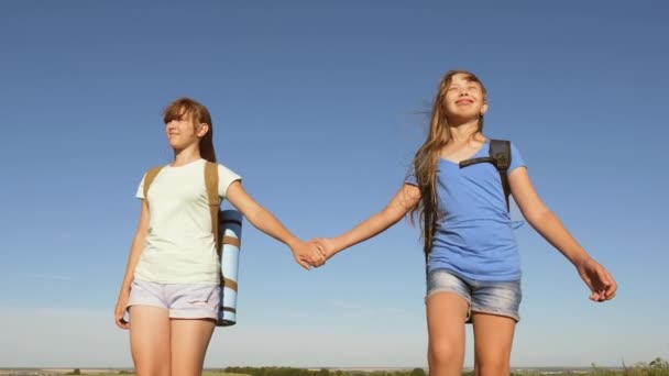 Konzept Tourismus und Reisen. Mädchen, Frauen Reisende gehen Händchen haltend auf einem Hintergrund von blauem Himmel. Teamwork Touristen Teenager. Wanderinnen gehen über das Feld. Wandermädchen im Sommer auf der Wiese. — Stockvideo