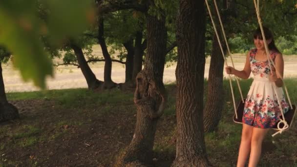 Sueños de volar. Concepto de infancia feliz. jovencita balanceándose en un columpio de cuerda en una rama de roble. Hermosa chica con un vestido blanco en el parque. adolescente chica disfruta de un vuelo en un columpio en una noche de verano — Vídeos de Stock