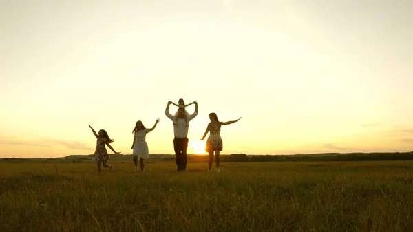 Çocuklu mutlu bir aile gün batımında tarlada koşuyor. Anne, baba ve kız kardeşleri parkta yürüyen küçük bir kız. Çocuklar, anne ve babalar gün ışığında çayırlarda oynuyorlar..