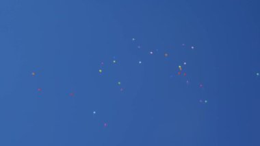 Havada uçuşan bir sürü renkli balon. Kutlama ve doğum günü konsepti. Güzel renkli balonlar gökyüzünde uçuyor, kırmızı mavi turuncu pembe. Güzel bir tatil konsepti.