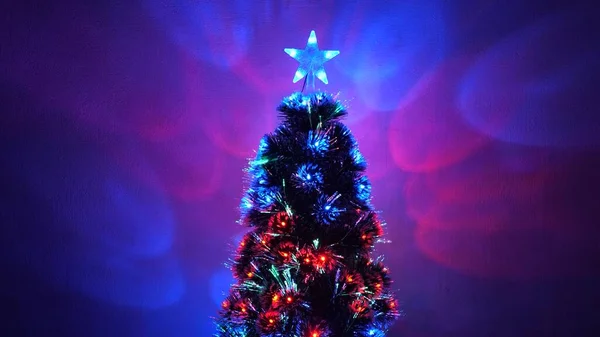 Bela árvore de Natal no quarto, decorado com uma guirlanda luminosa e estrela. Ano Novo 2020 humor. Árvore de Natal, boas festas. Interior de Natal. férias para crianças e adultos. — Fotografia de Stock