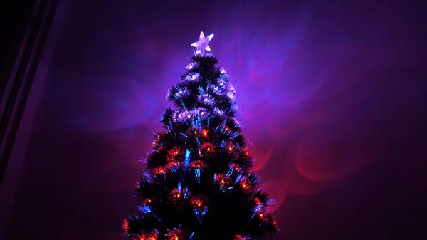 Beautiful Christmas tree in room, decorated with a luminous garland and a star. holiday for children and adults. New Year 2020 mood. Christmas tree, happy holidays. Christmas interior. — Stock Photo, Image