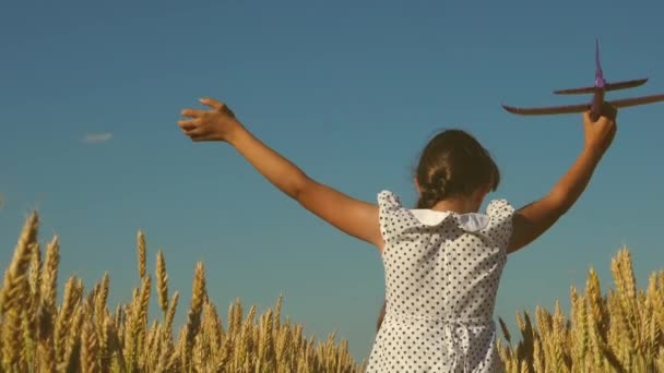 幸せな女の子は日没の光の中でフィールド上のおもちゃの飛行機で実行されます。子供はおもちゃの飛行機で遊ぶ。10代の頃はパイロットになることを夢見ていました。少女はパイロットと宇宙飛行士になりたがっている。スローモーション — ストック動画