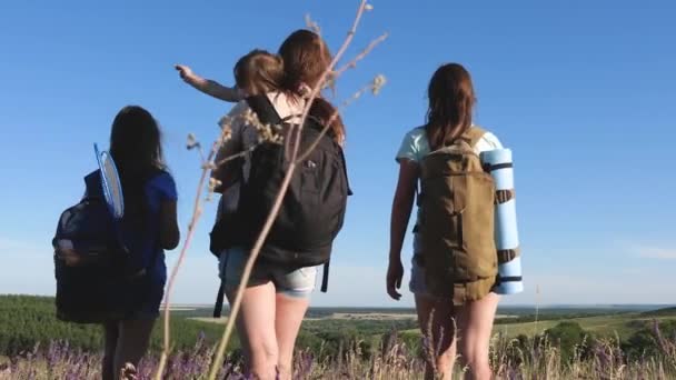 Teamwork travelers. Happy mom and daughters, a little baby travel across the field with backpacks in colors in the summer. Family life. Tourist girls and a little baby go camping in the forest. — Stock Video