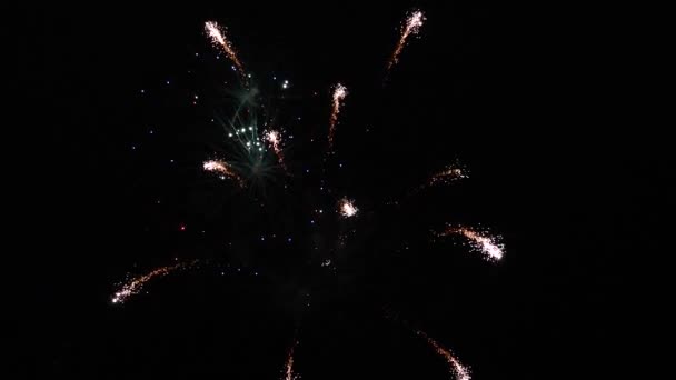 Silvesterfeuerwerk. leuchtendes Feuerwerk mit Bokeh-Lichtern am Nachthimmel. Glühendes Feuerwerk. Buntes Feuerwerk am Nachthimmel. schöne farbige nächtliche Explosionen am schwarzen Himmel — Stockvideo