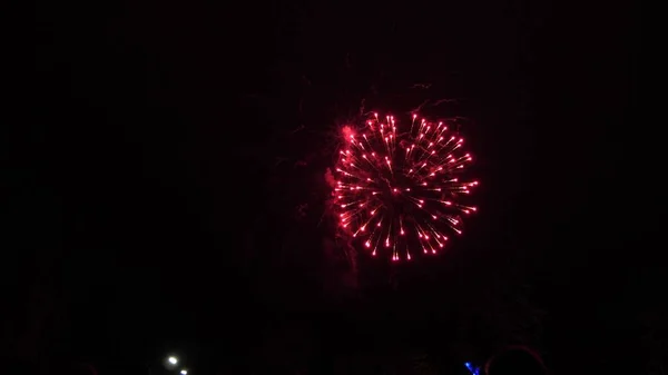 輝く花火ショー黒い空の色の夜の爆発夜空に美しく彩色された花火新年は花火を祝う。夜にはボケの火で花火を照らす — ストック写真