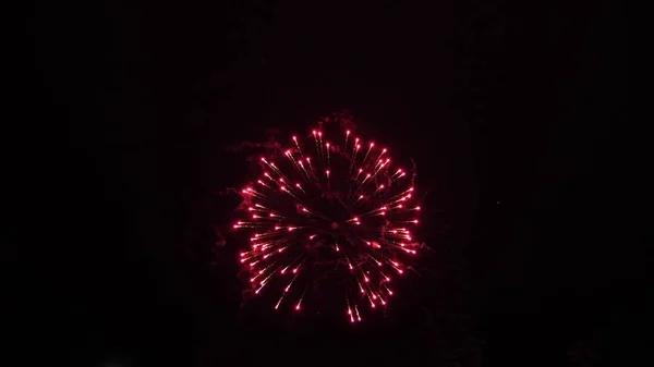 Glühendes Feuerwerk. Farbige nächtliche Explosionen am schwarzen Himmel. schönes mehrfarbiges Feuerwerk am Nachthimmel. Silvesterfeuerwerk. leuchtendes Feuerwerk mit Bokeh-Lichtern in der Nacht — Stockfoto